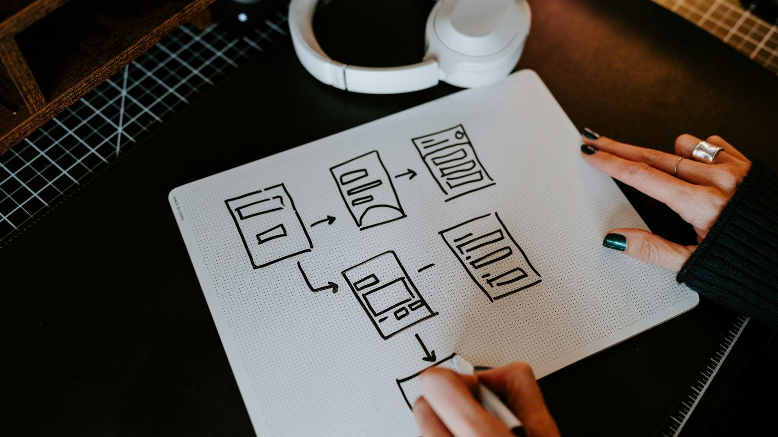 Hands sketching a workflow of connected steps and arrows on a tablet.