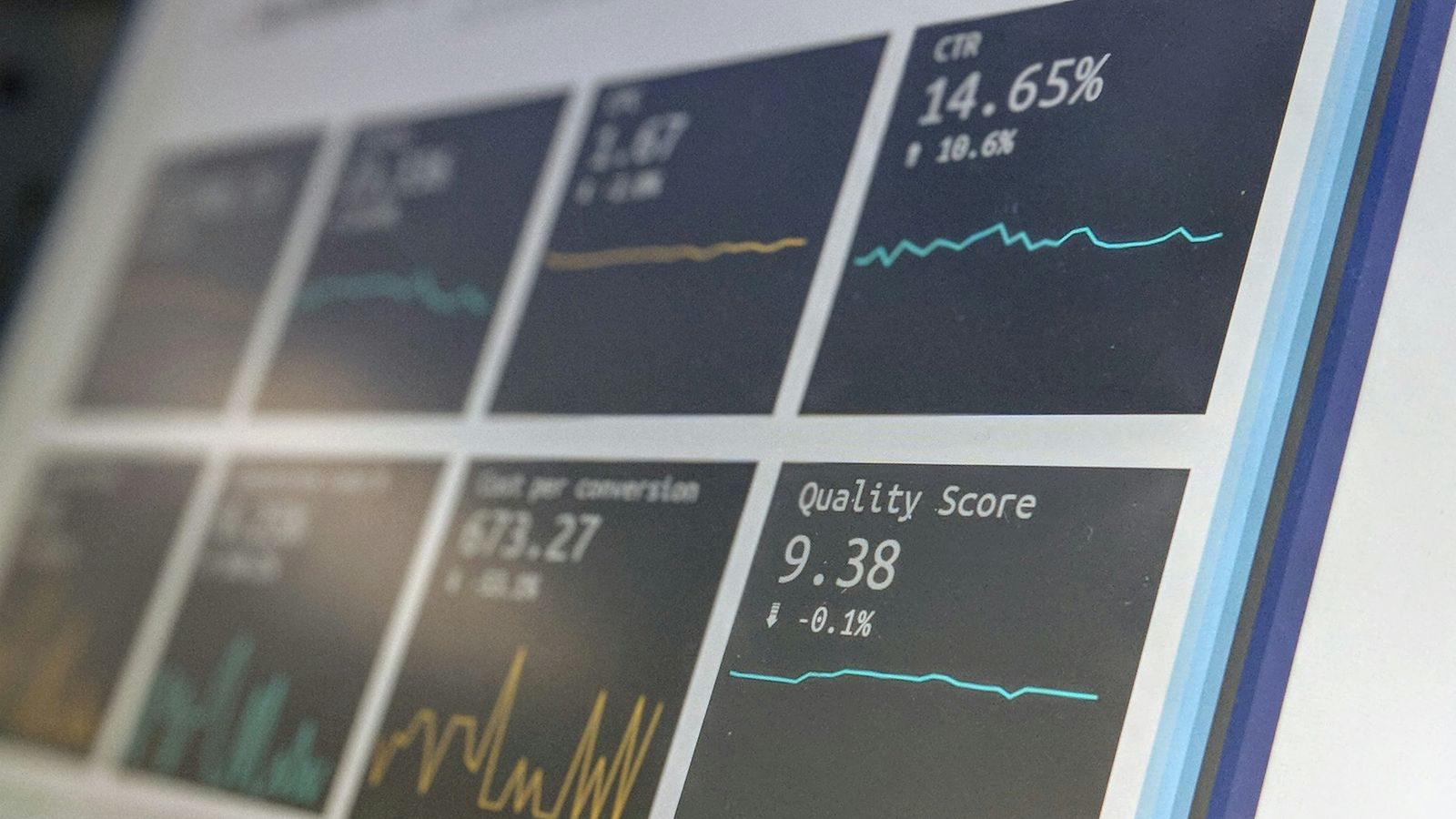 Paid search dashboard on a laptop screen showing click-through rate, cost per conversion and Quality Score.